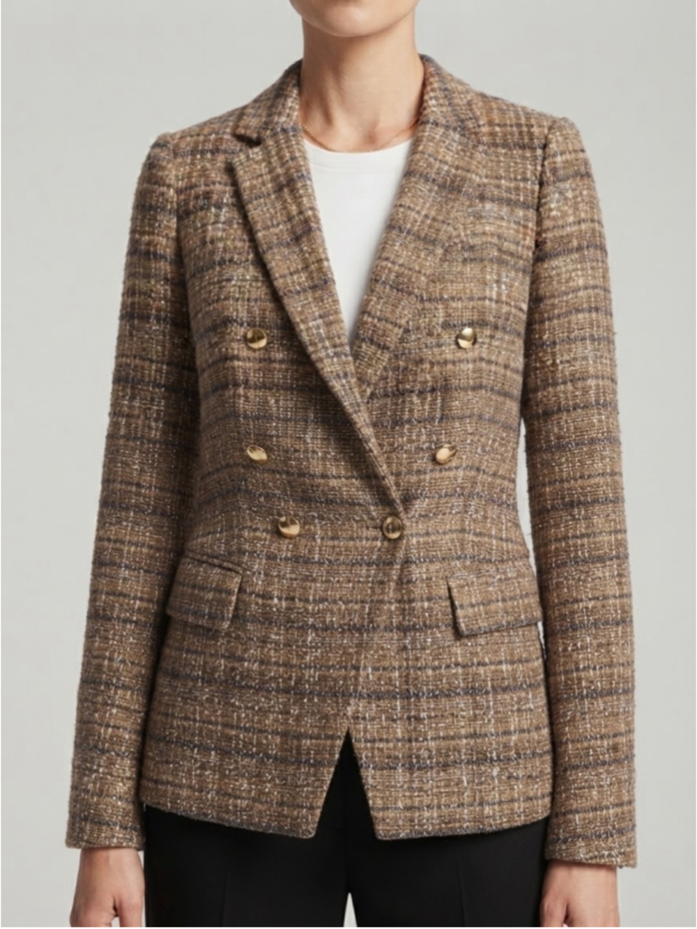 Anne Klein Tweed Double-Breasted Blazer Brown Gold thread and Buttons Size Small